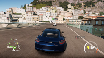 A blue Porsche racing down the Italian coast in Forza Horizon 2.