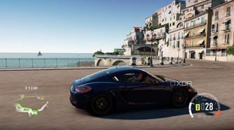 A blue Porsche racing down the Italian coast in Forza Horizon 2.