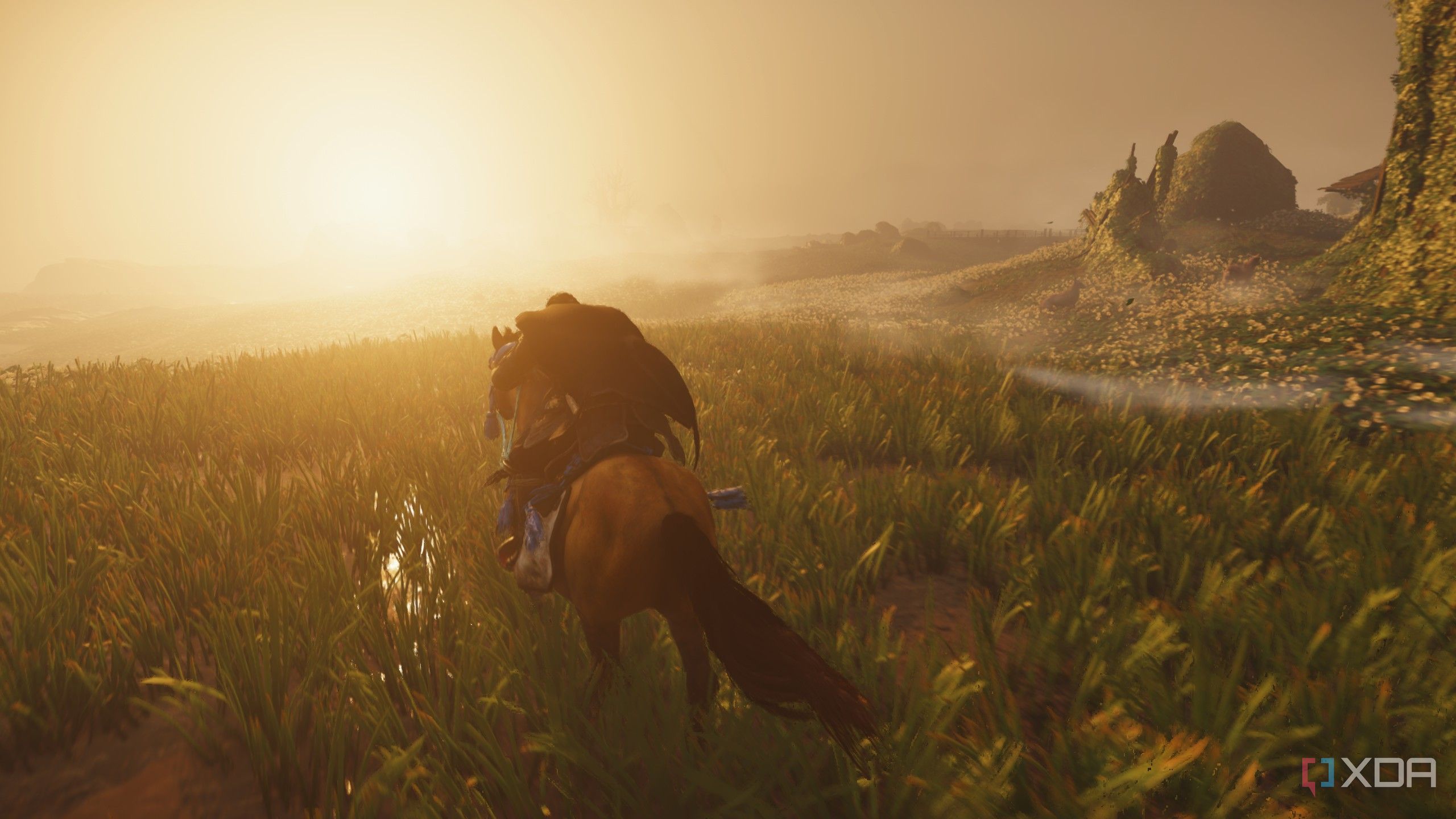 Jin riding against the setting sun in Ghost of Tsushima.