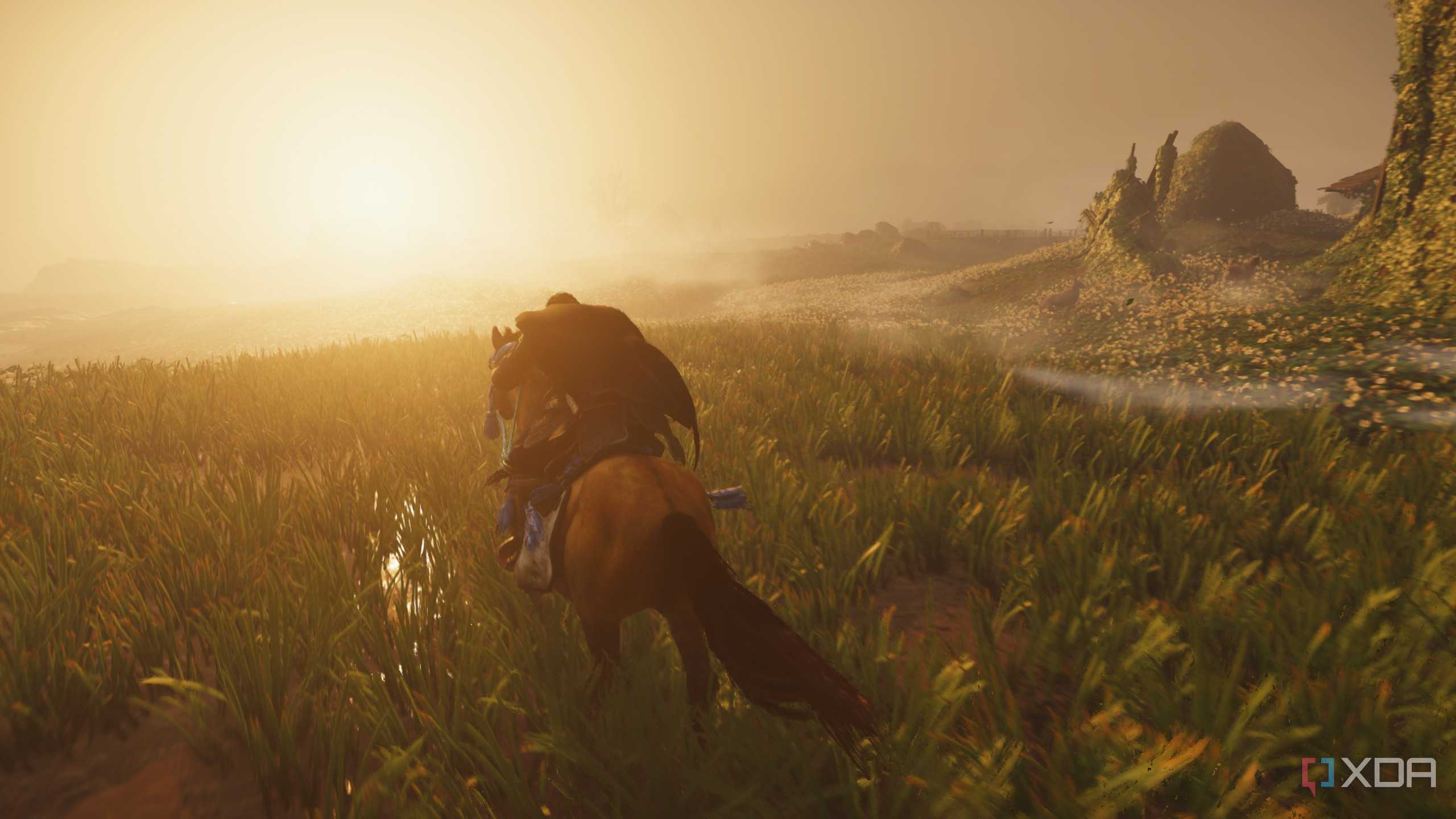 Jin riding against the setting sun in Ghost of Tsushima.