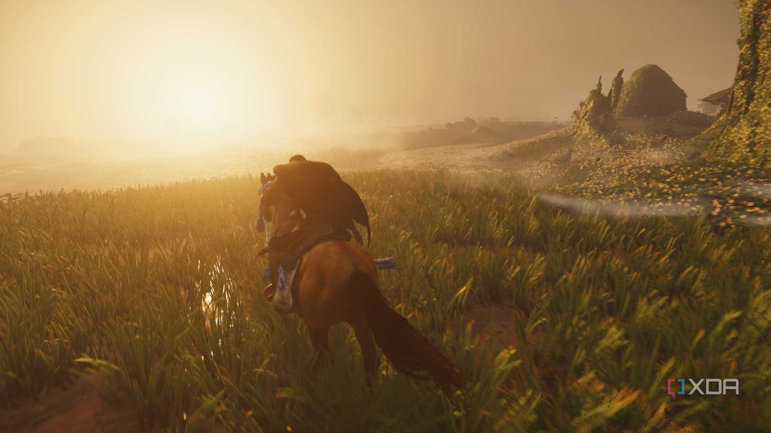 Jin riding against the setting sun in Ghost of Tsushima.