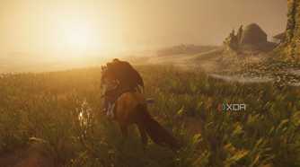 Jin riding against the setting sun in Ghost of Tsushima.