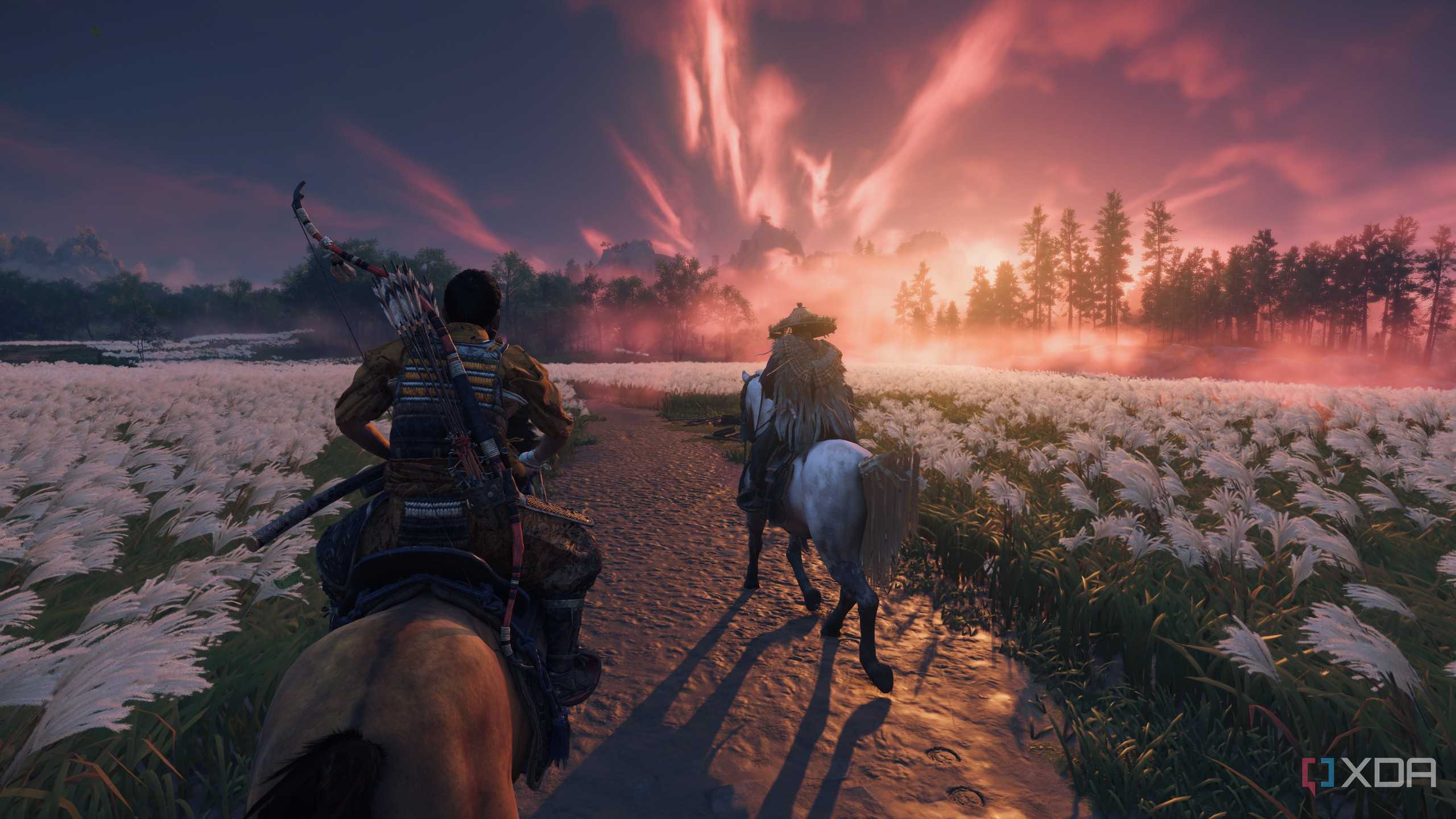 Horseriding at sunset in Ghost of Tsushima.