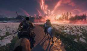 Horseriding at sunset in Ghost of Tsushima.