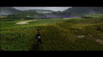 A screenshot of Atsu riding a horse in Ghost of Yotei