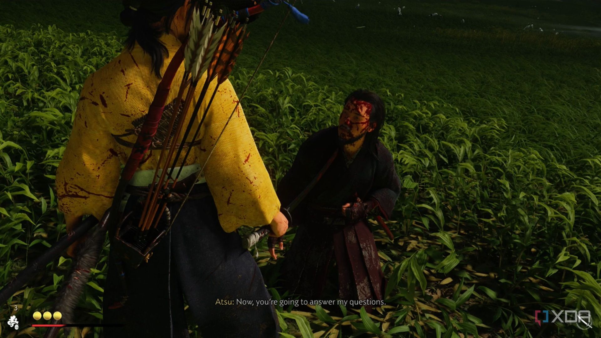 A screenshot of Atsu interrogating a fallen foe in Ghost of Yotei