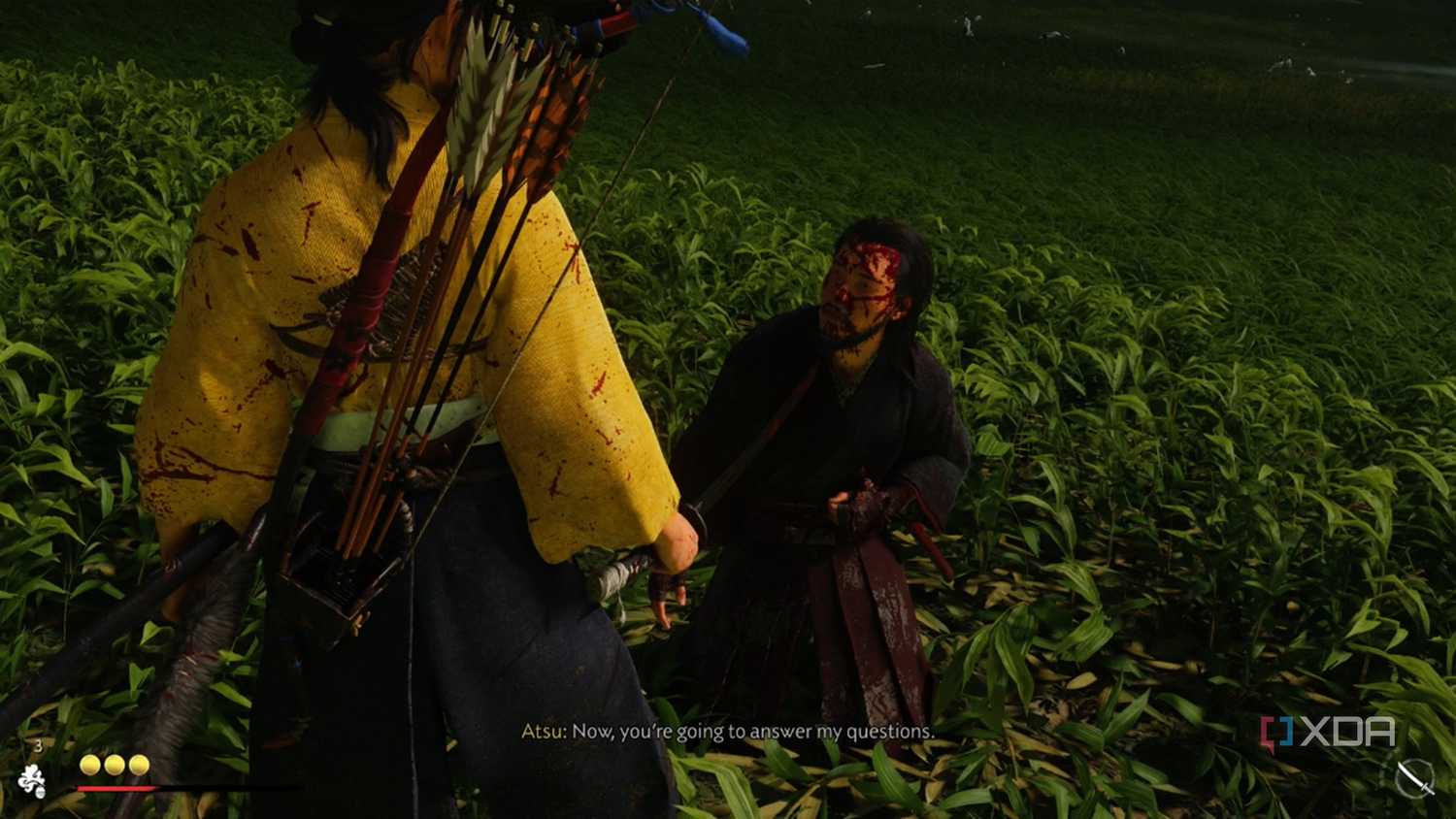 A screenshot of Atsu interrogating a fallen foe in Ghost of Yotei