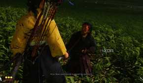 A screenshot of Atsu interrogating a fallen foe in Ghost of Yotei