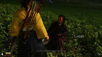 A screenshot of Atsu interrogating a fallen foe in Ghost of Yotei