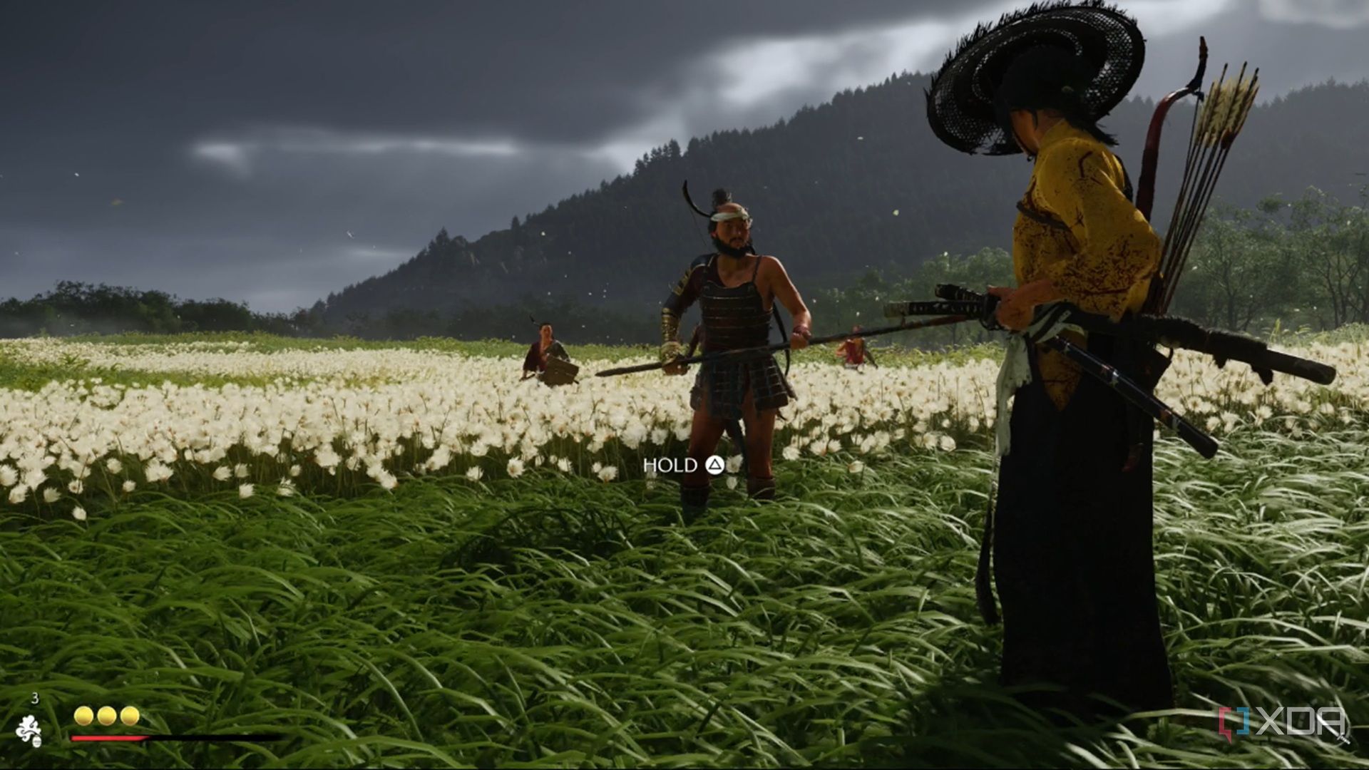 A screenshot of a duel in Ghost of Yotei