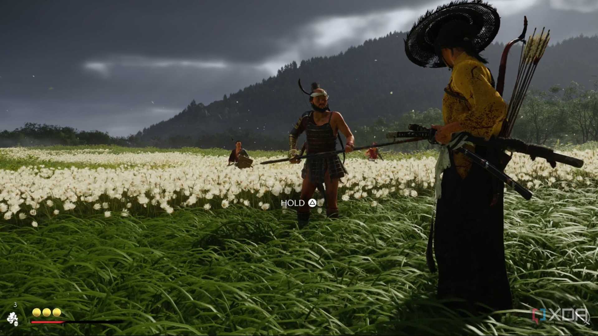 A screenshot of a duel in Ghost of Yotei
