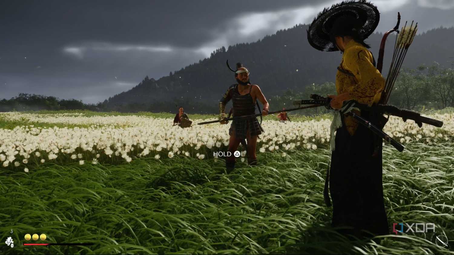 A screenshot of a duel in Ghost of Yotei
