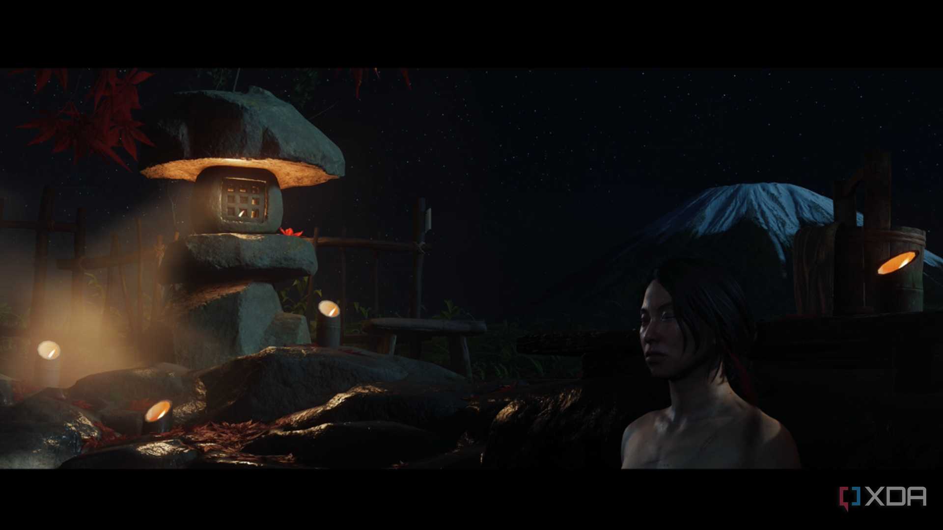 A screenshot of Atsu soaking in a hot spring in Ghost of Yotei