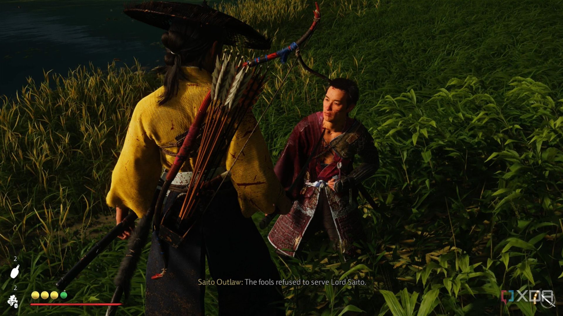 A screenshot of Atsu interrogating an enemy in Ghost of Yotei