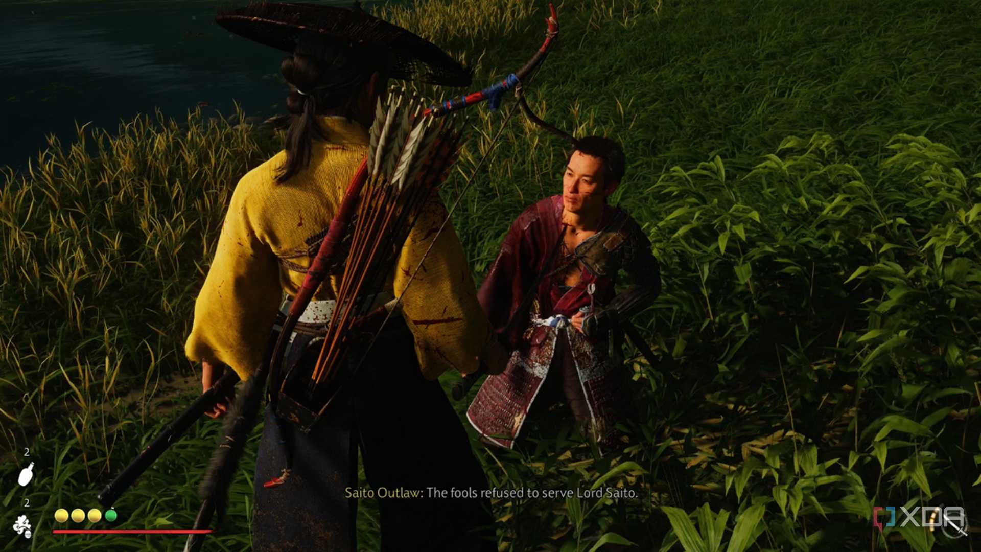 A screenshot of Atsu interrogating an enemy in Ghost of Yotei
