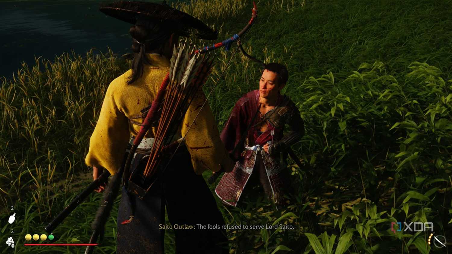 A screenshot of Atsu interrogating an enemy in Ghost of Yotei