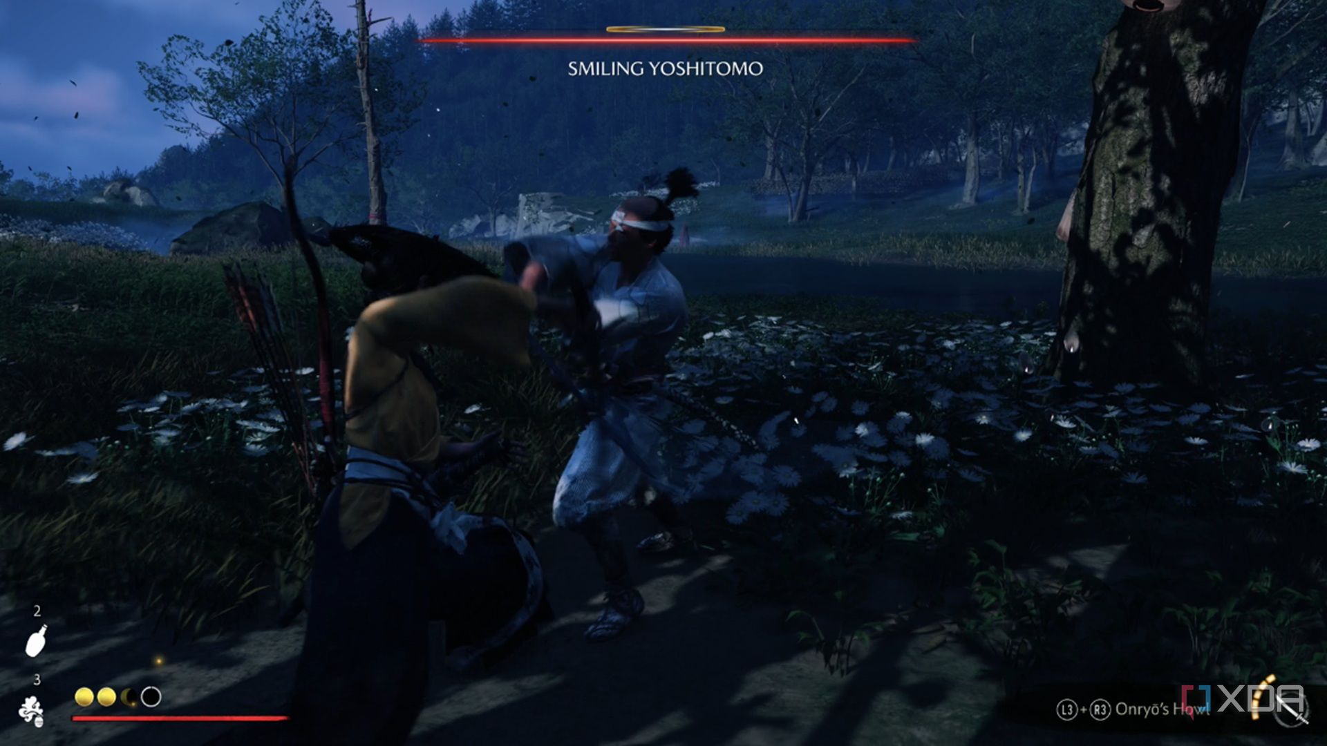 A screenshot of fighting a bounty in Ghost of Yotei