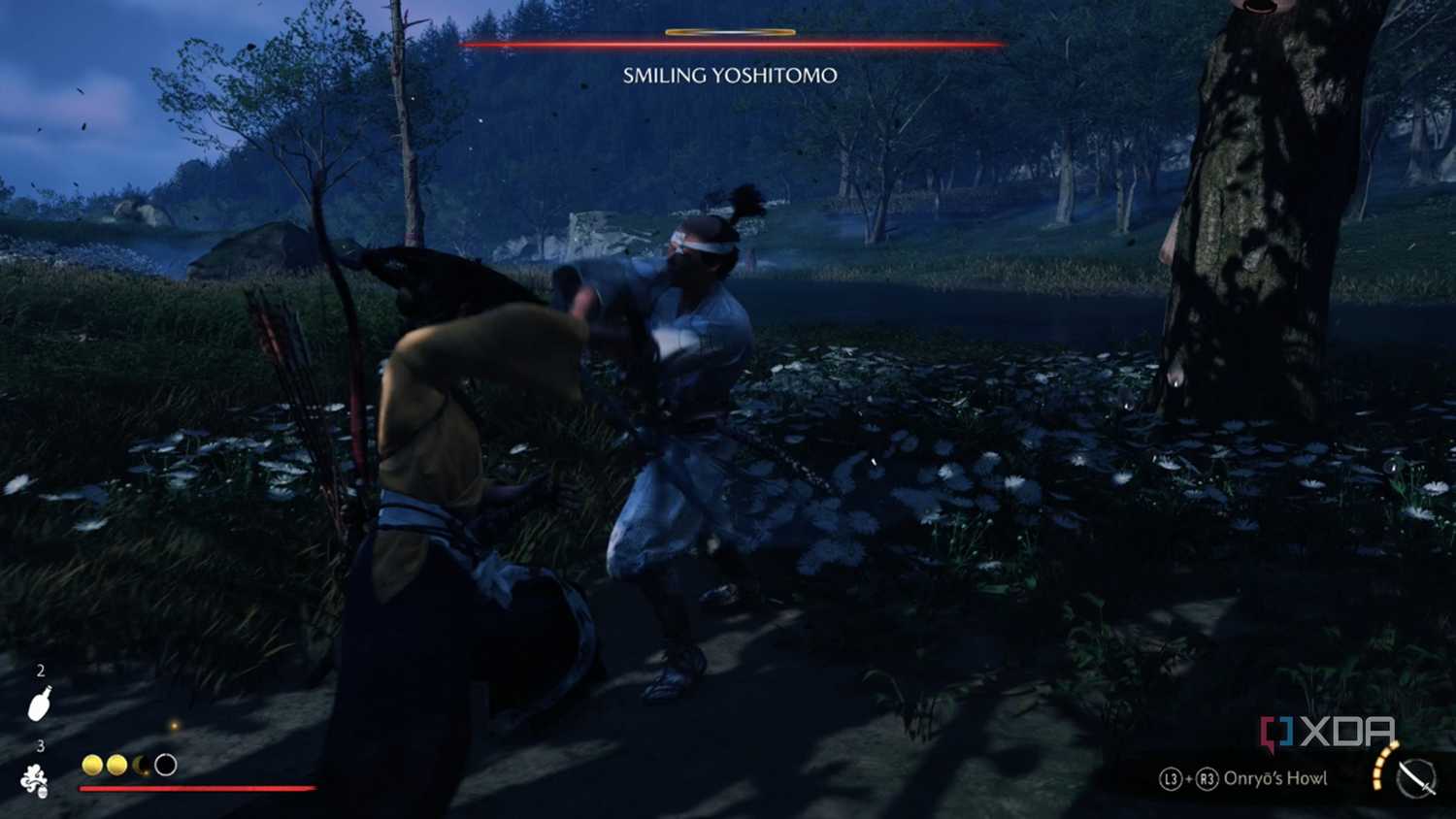A screenshot of fighting a bounty in Ghost of Yotei