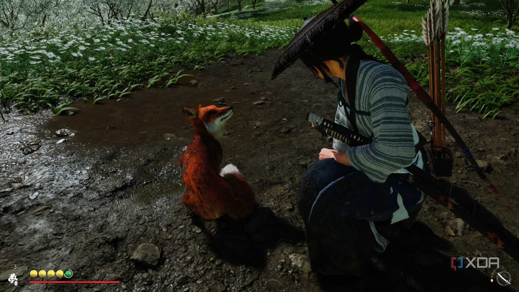 A screenshot of Atsu meeting a fox in Ghost of Yotei