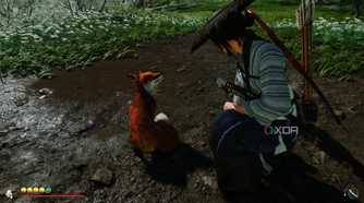 A screenshot of Atsu meeting a fox in Ghost of Yotei
