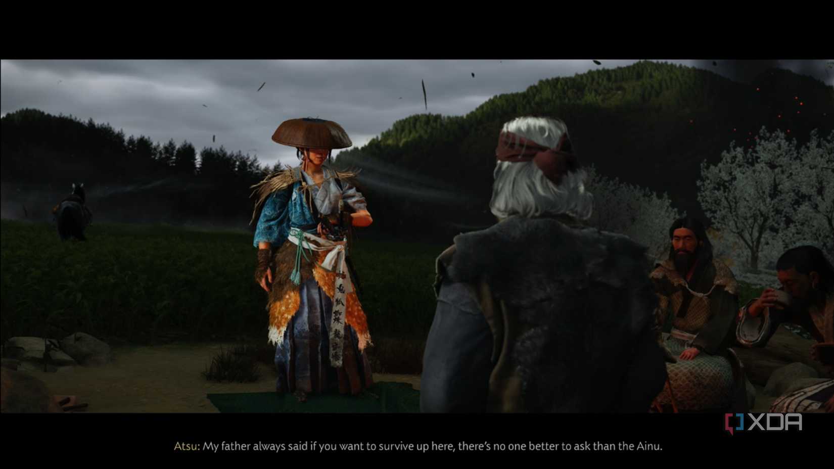 A screenshot of Atsu speaking with others at a camp in Ghost of Yotei