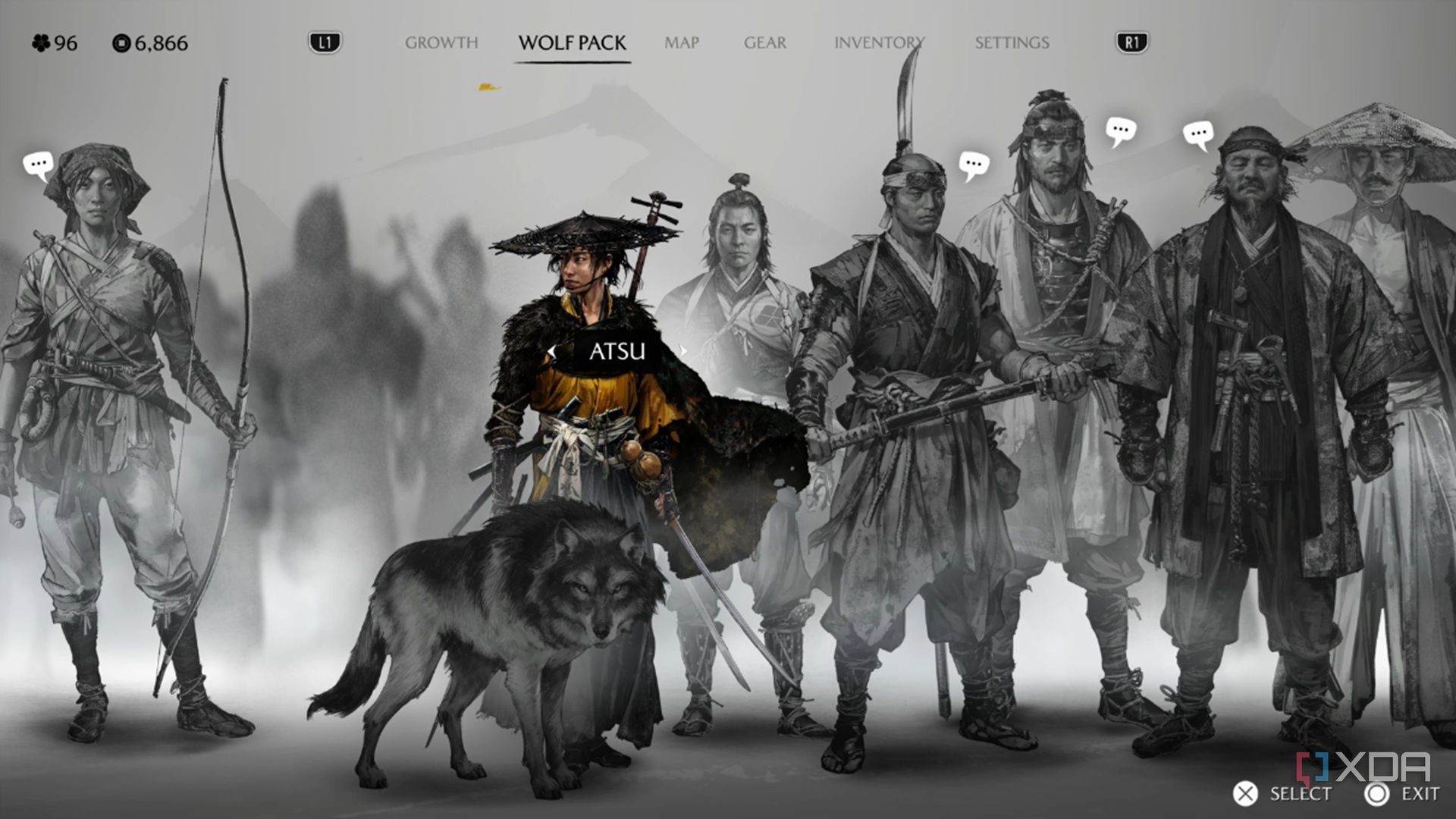 A screenshot of Atsu and her Wolf Pack in Ghost of Yotei