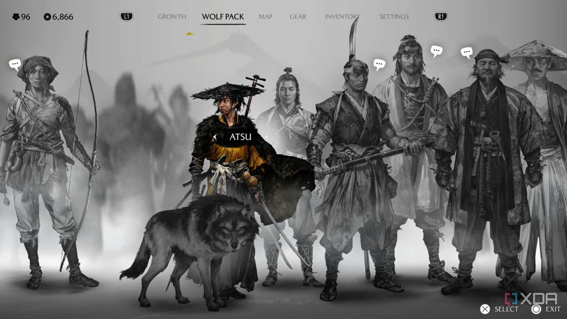A screenshot of Atsu and her Wolf Pack in Ghost of Yotei
