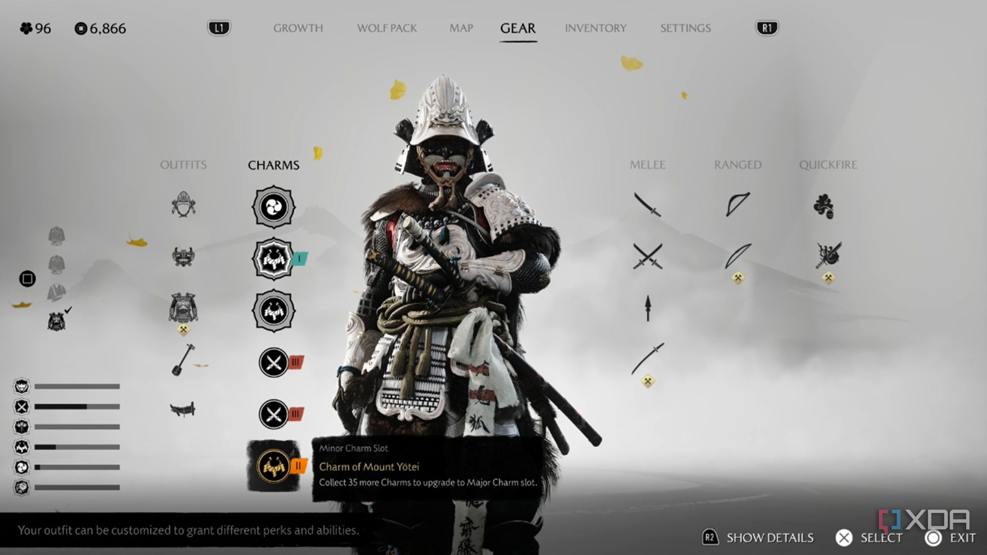 A screenshot of Atsu wearing special armor in Ghost of Yotei