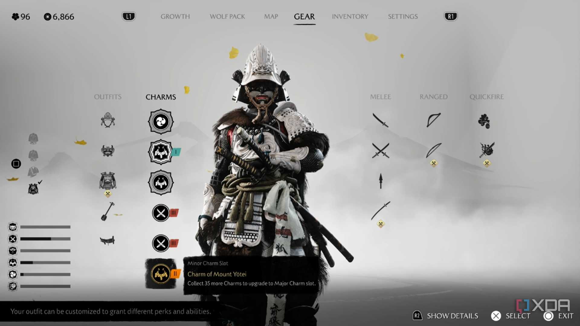 A screenshot of Atsu wearing special armor in Ghost of Yotei