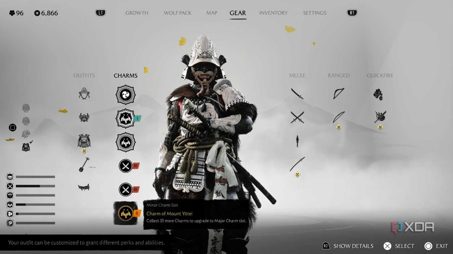 A screenshot of Atsu wearing special armor in Ghost of Yotei