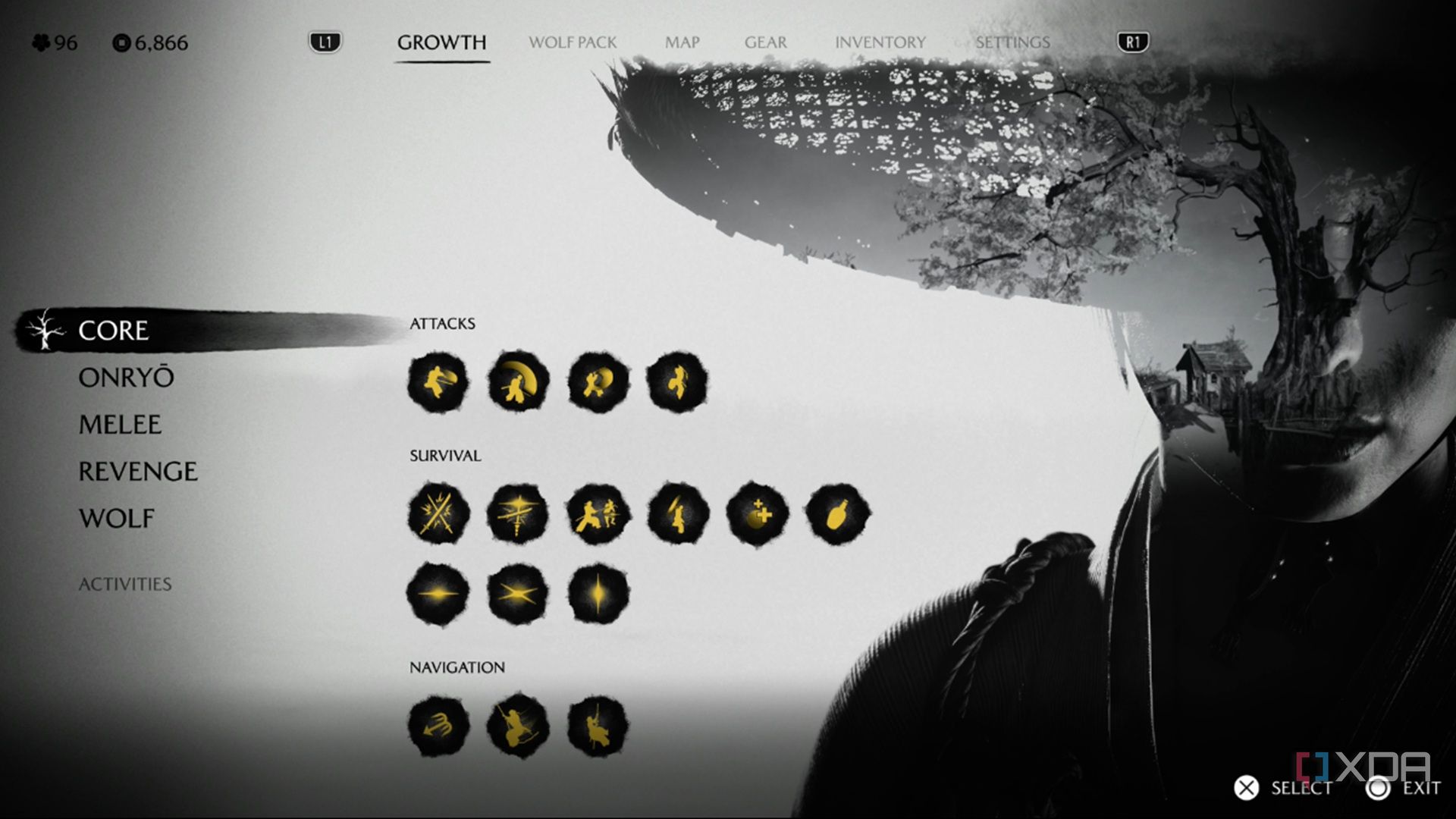 A screenshot of the skills and abilities screen in Ghost of Yotei