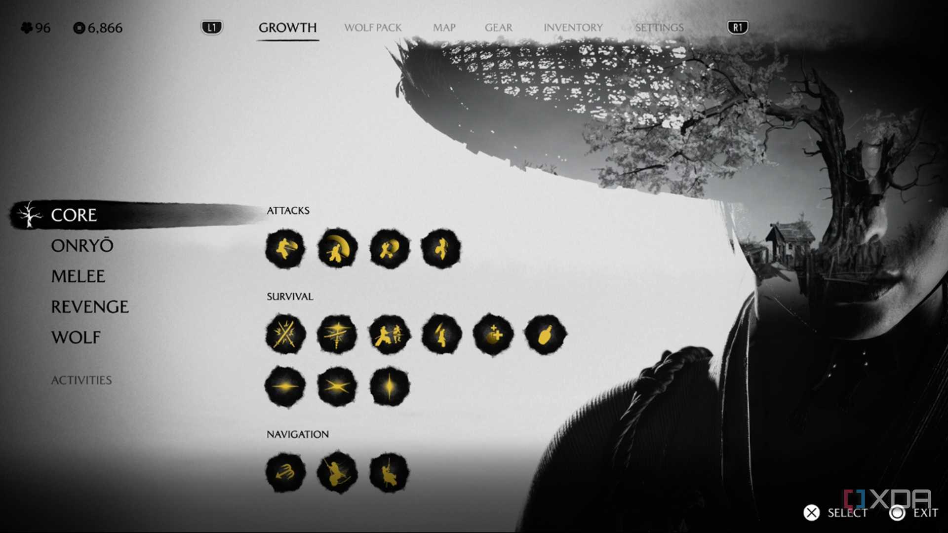 A screenshot of the skills and abilities screen in Ghost of Yotei