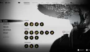 A screenshot of the skills and abilities screen in Ghost of Yotei