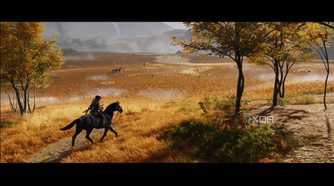 A screenshot of Atsu riding through a field on horseback in Ghost of Yotei