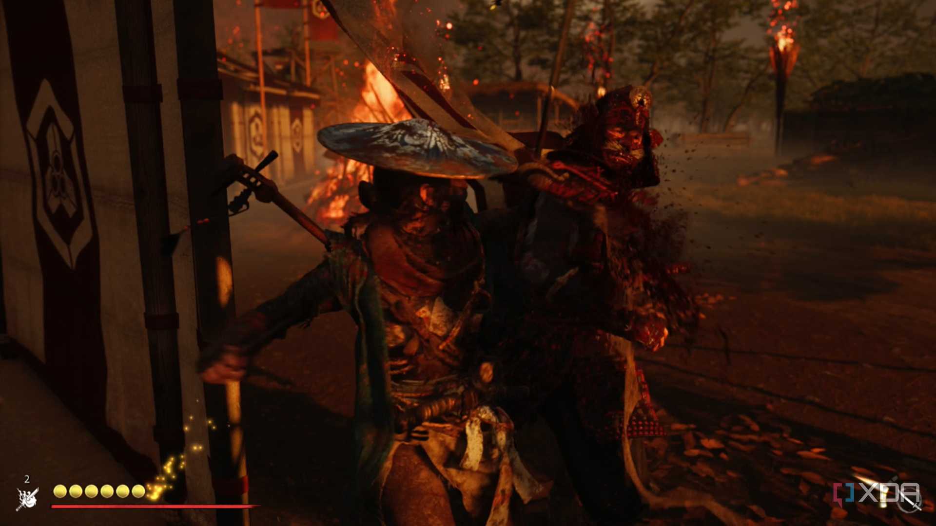 A screenshot of Atsu stealth killing an enemy in Ghost of Yotei