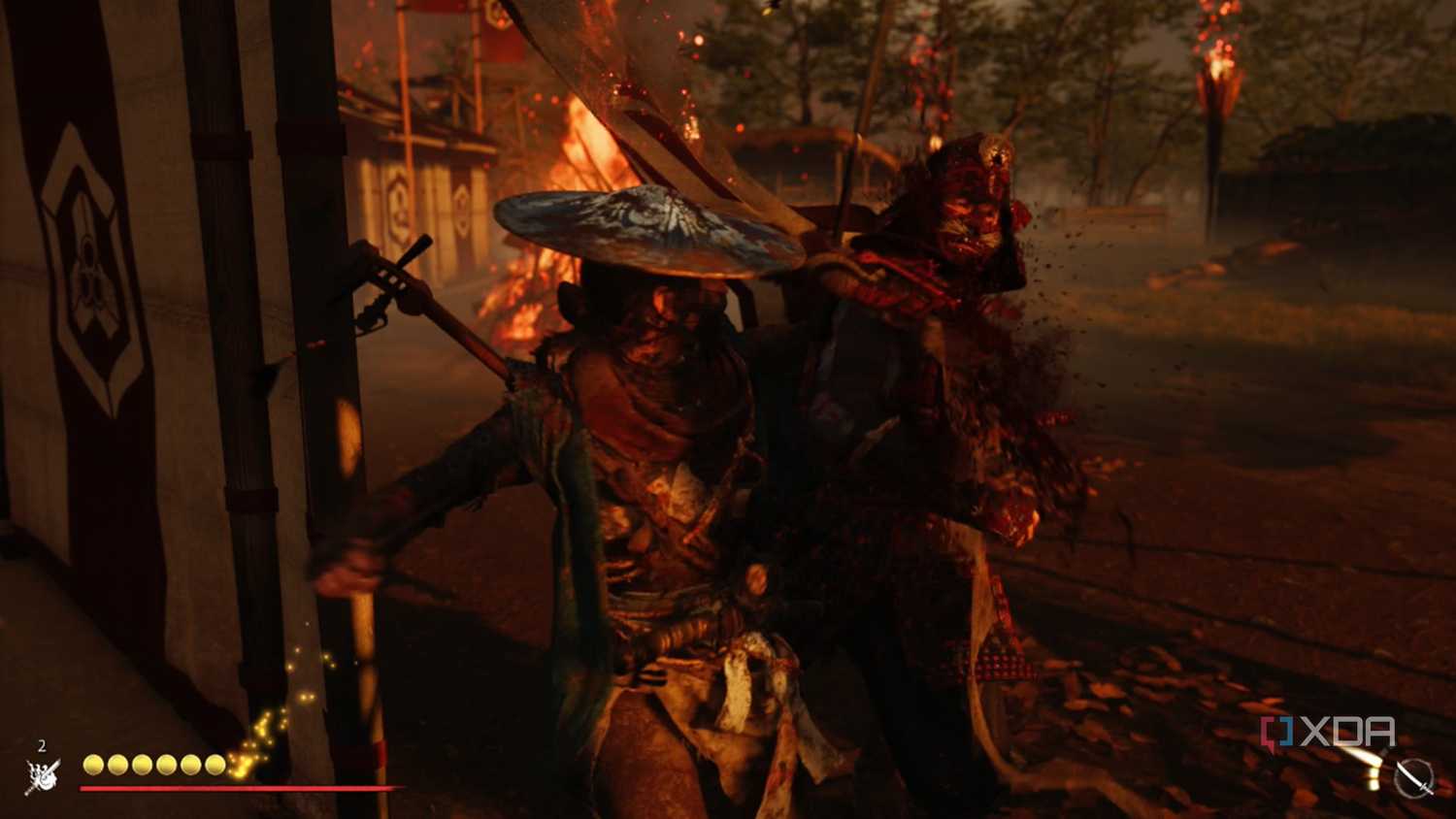 A screenshot of Atsu stealth killing an enemy in Ghost of Yotei