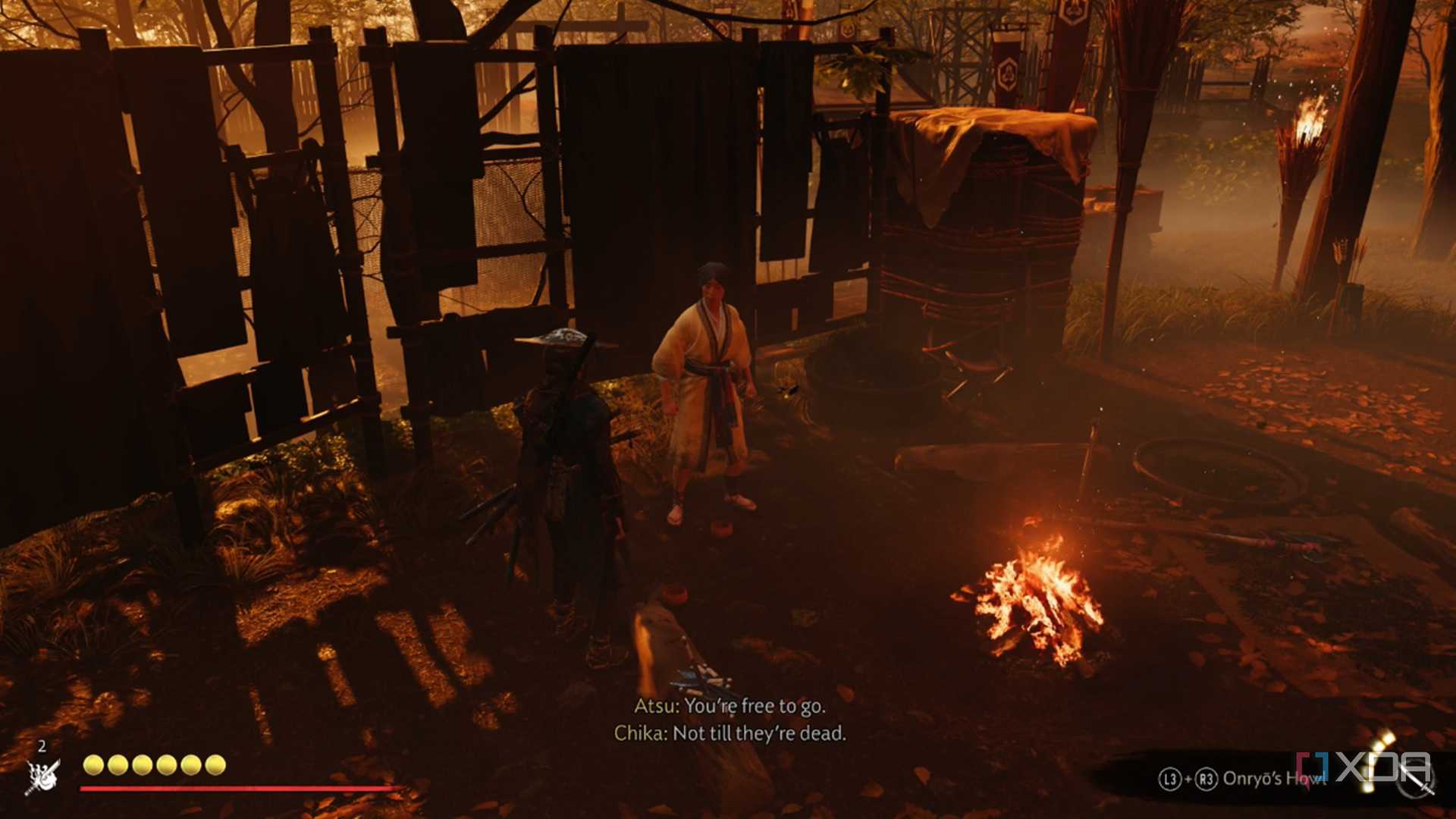 A screenshot of Atsu rescuing a prisoner in Ghost of Yotei