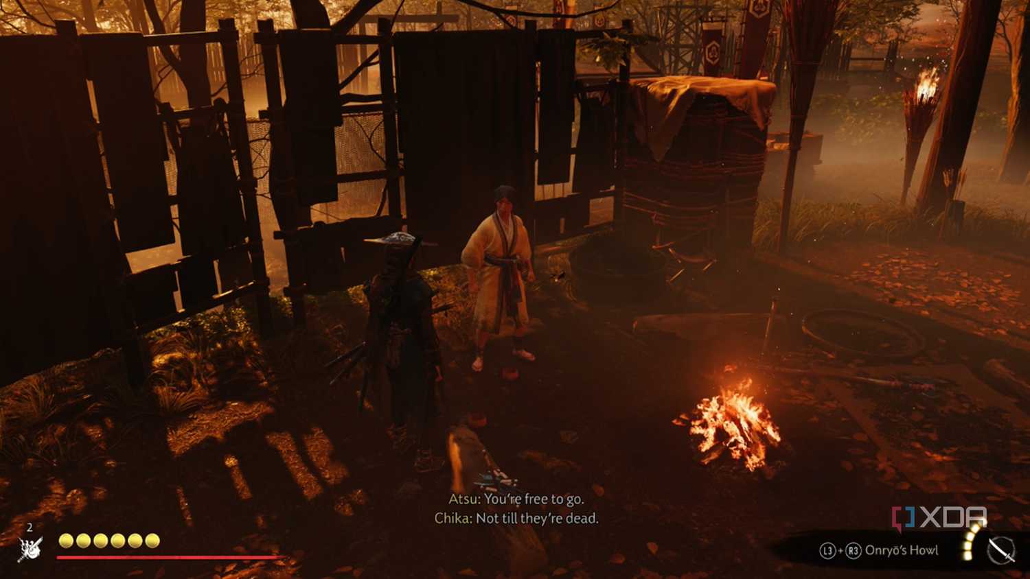 A screenshot of Atsu rescuing a prisoner in Ghost of Yotei