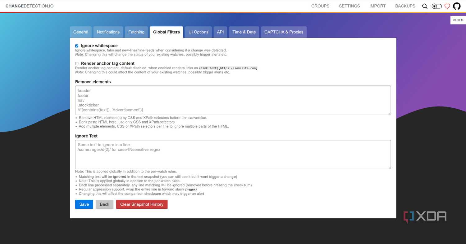 Global Filters Settings in ChangeDetection