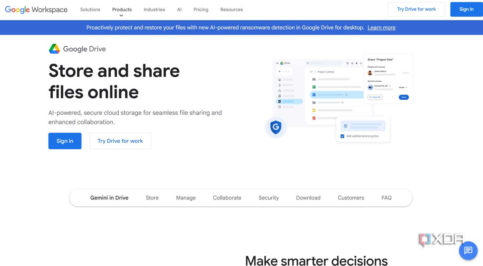 Captura de pantalla de la página de inicio y las funciones de Google Drive