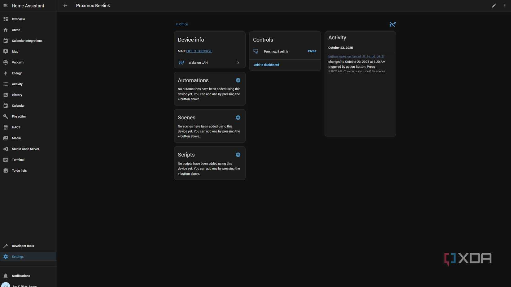 screenshot of home assistant adding a wake-on-lan trigger for my proxmox server