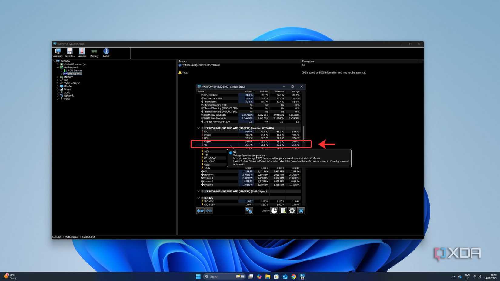 A screenshot of the HWiNFO application running on a Windows 11 PC highlighting VRM temperature readings.