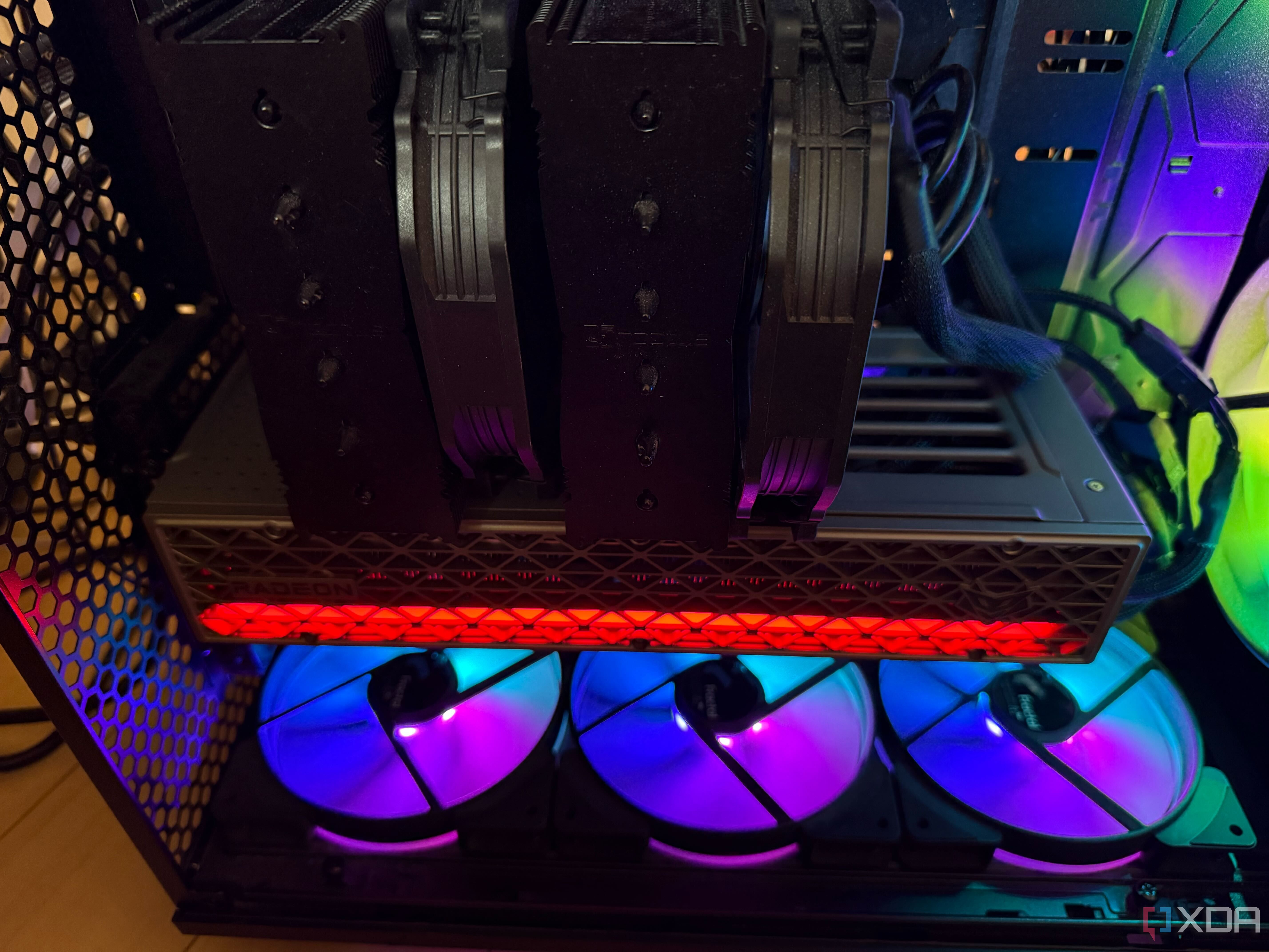 A photo of a PC build with RGB fans