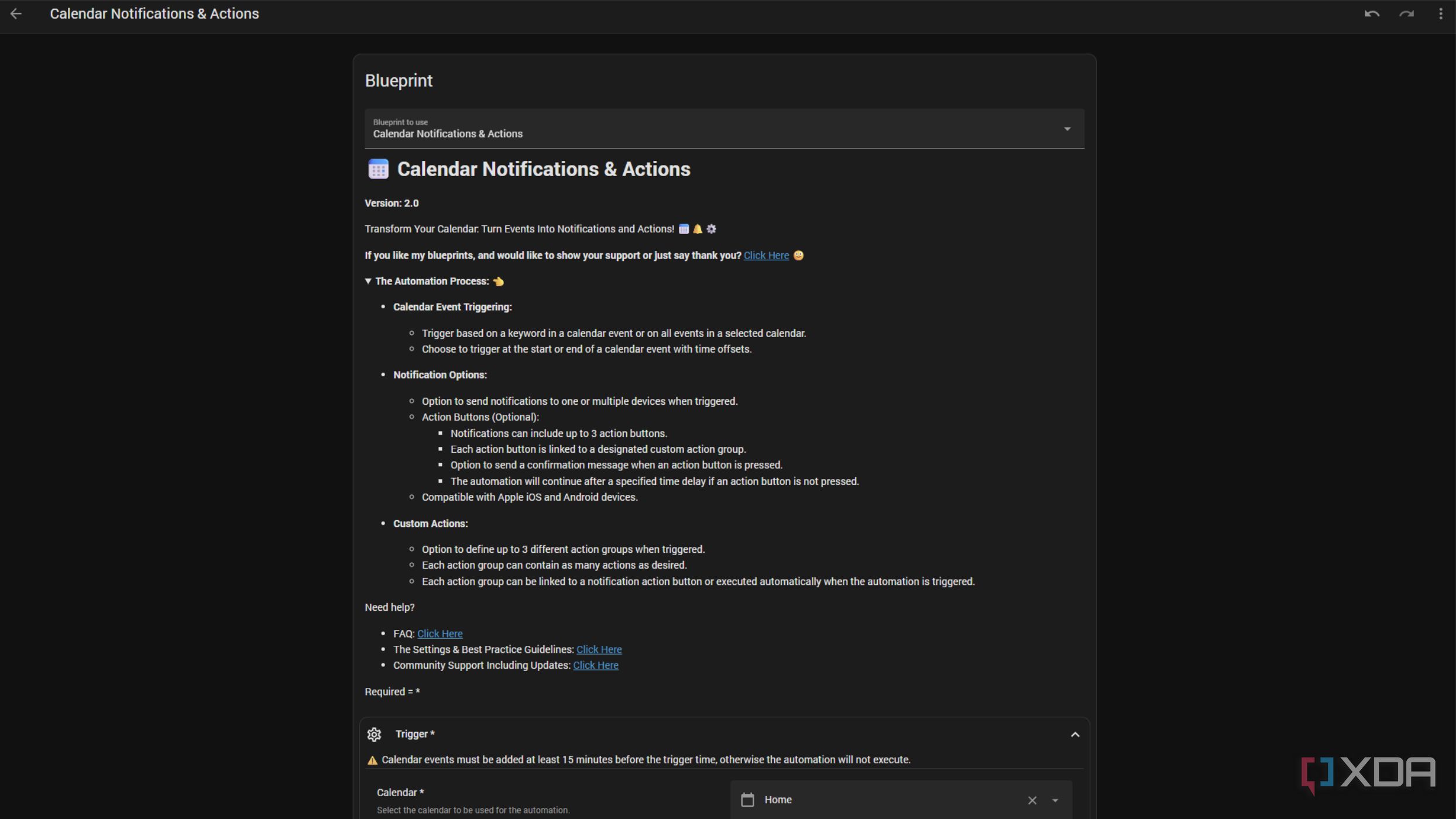screenshot of home assistant showing the calendar blueprint guidelines