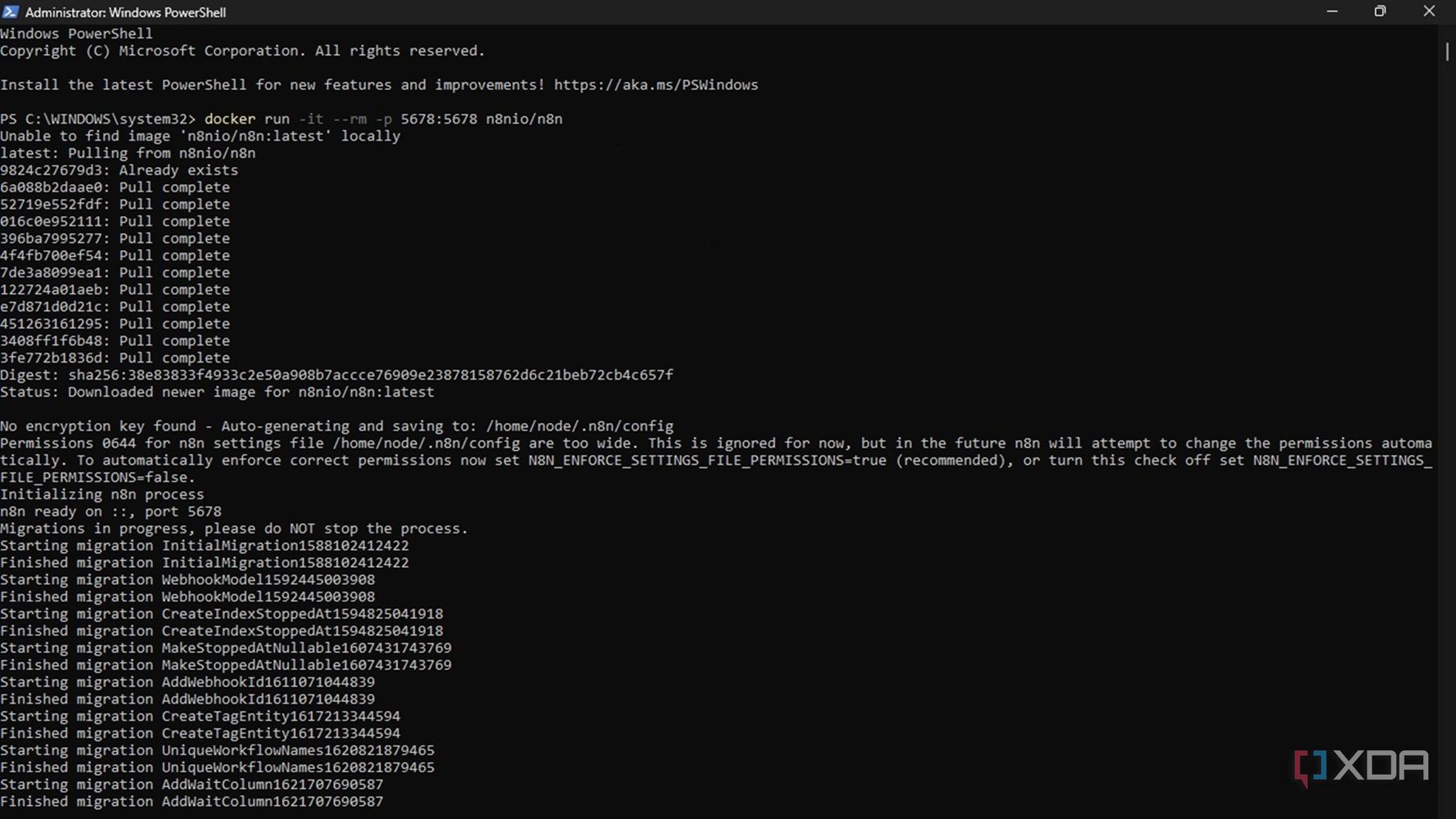 Screenshot of powershell installation of docker container for n8n