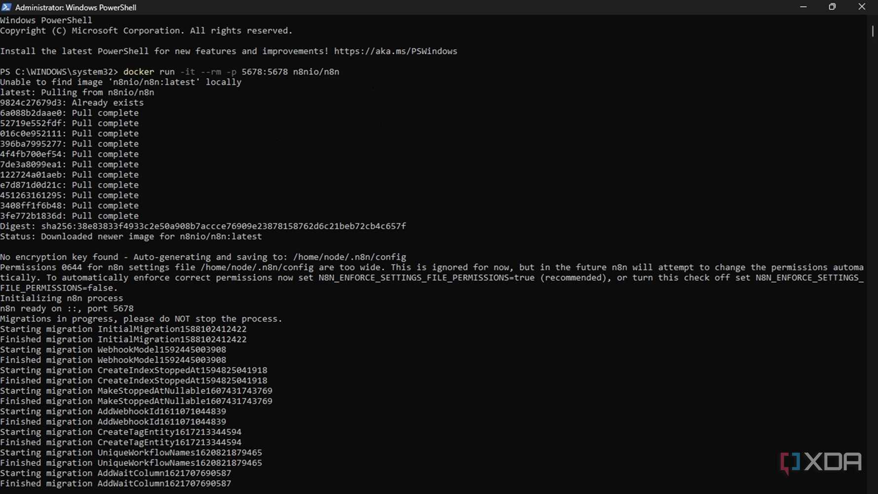 Screenshot of powershell installation of docker container for n8n