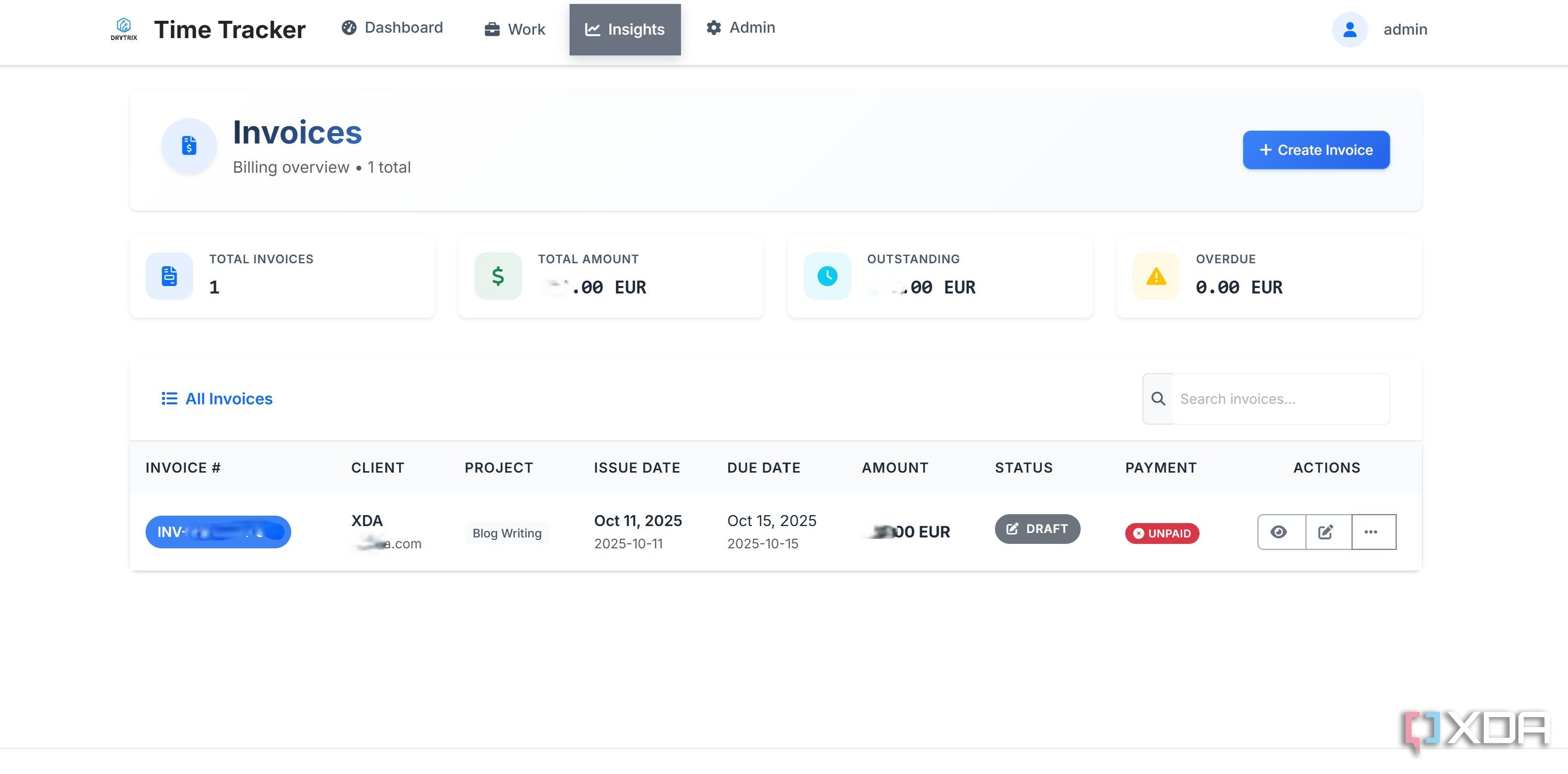 Invoice dashboard in Time Tracker app