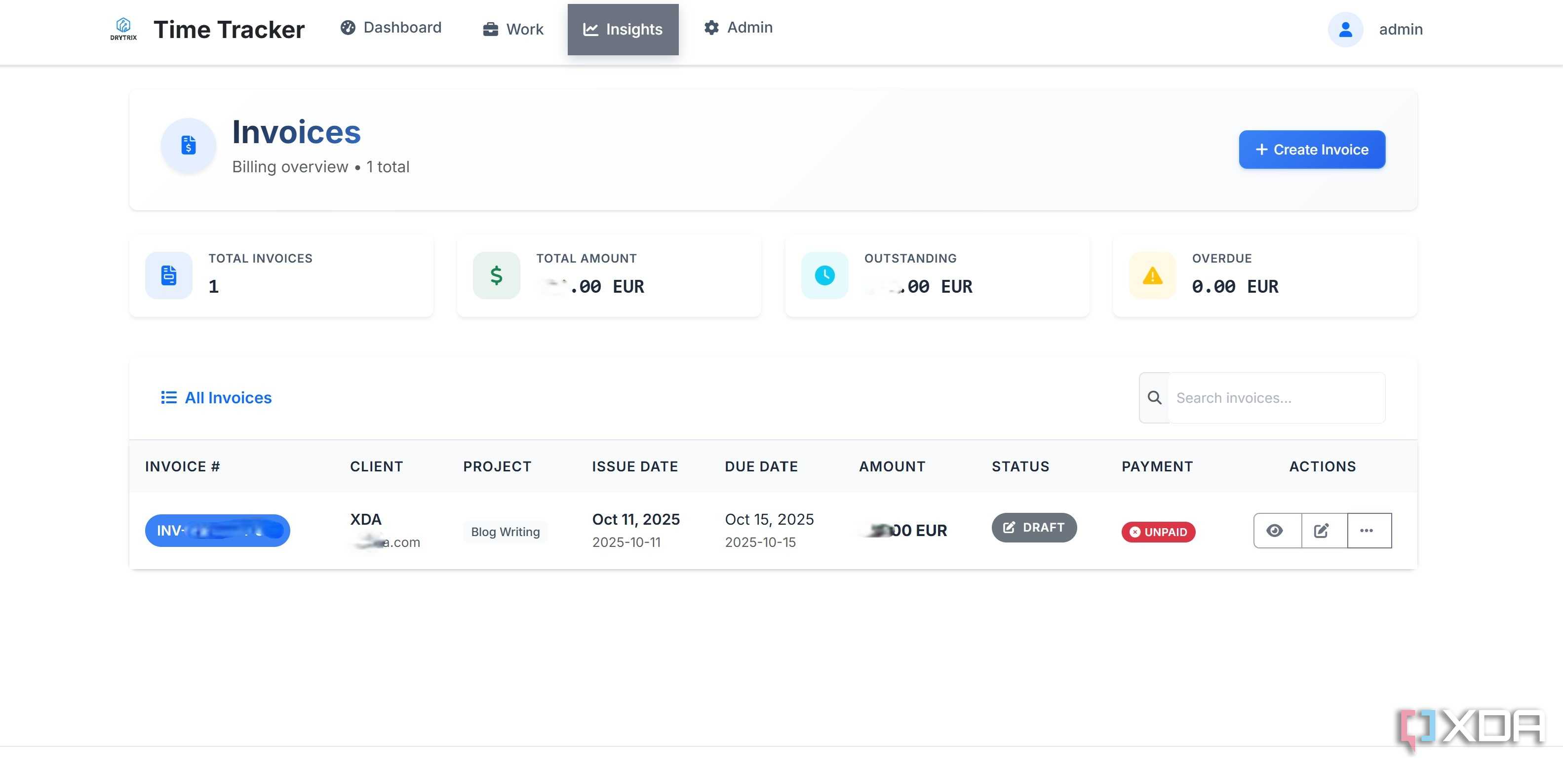 Invoice dashboard in Time Tracker app