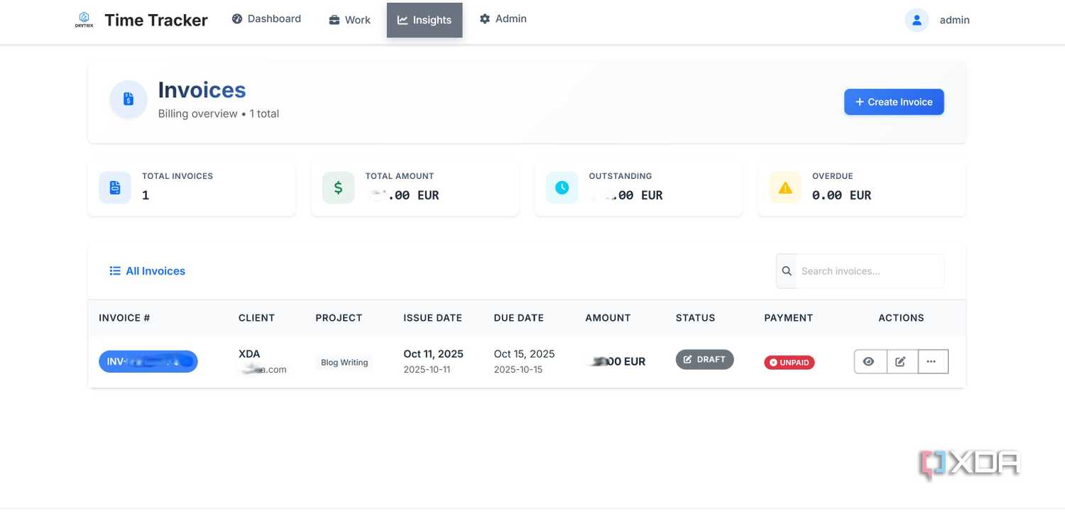 Invoice dashboard in Time Tracker app