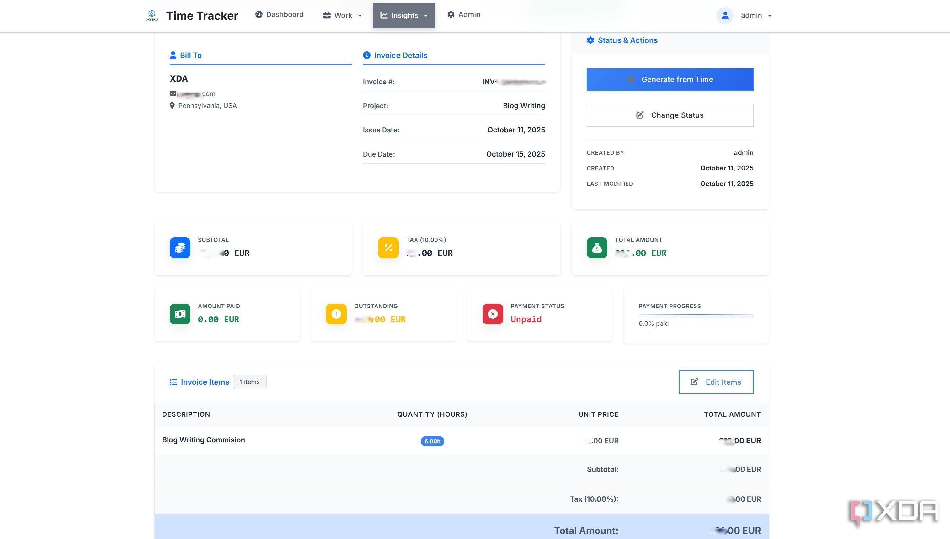 Invoice in Time Tracker app